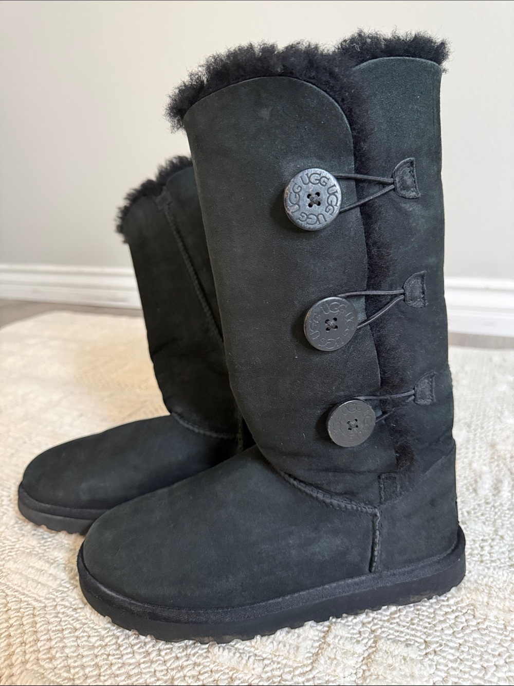 UGG Black Bailey Button Triplet Mid-Calf Suede Boots